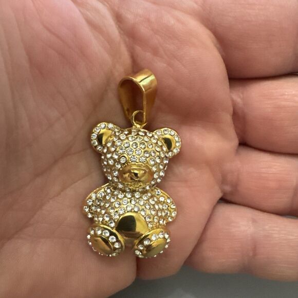 Teddy Bear Studded Gold Plated Stainless Steel Pendant 24 Inch Necklace Gift Her - Picture 4 of 6